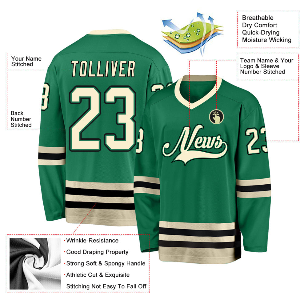 Custom Kelly Green Cream-Black Hockey Jersey view 4