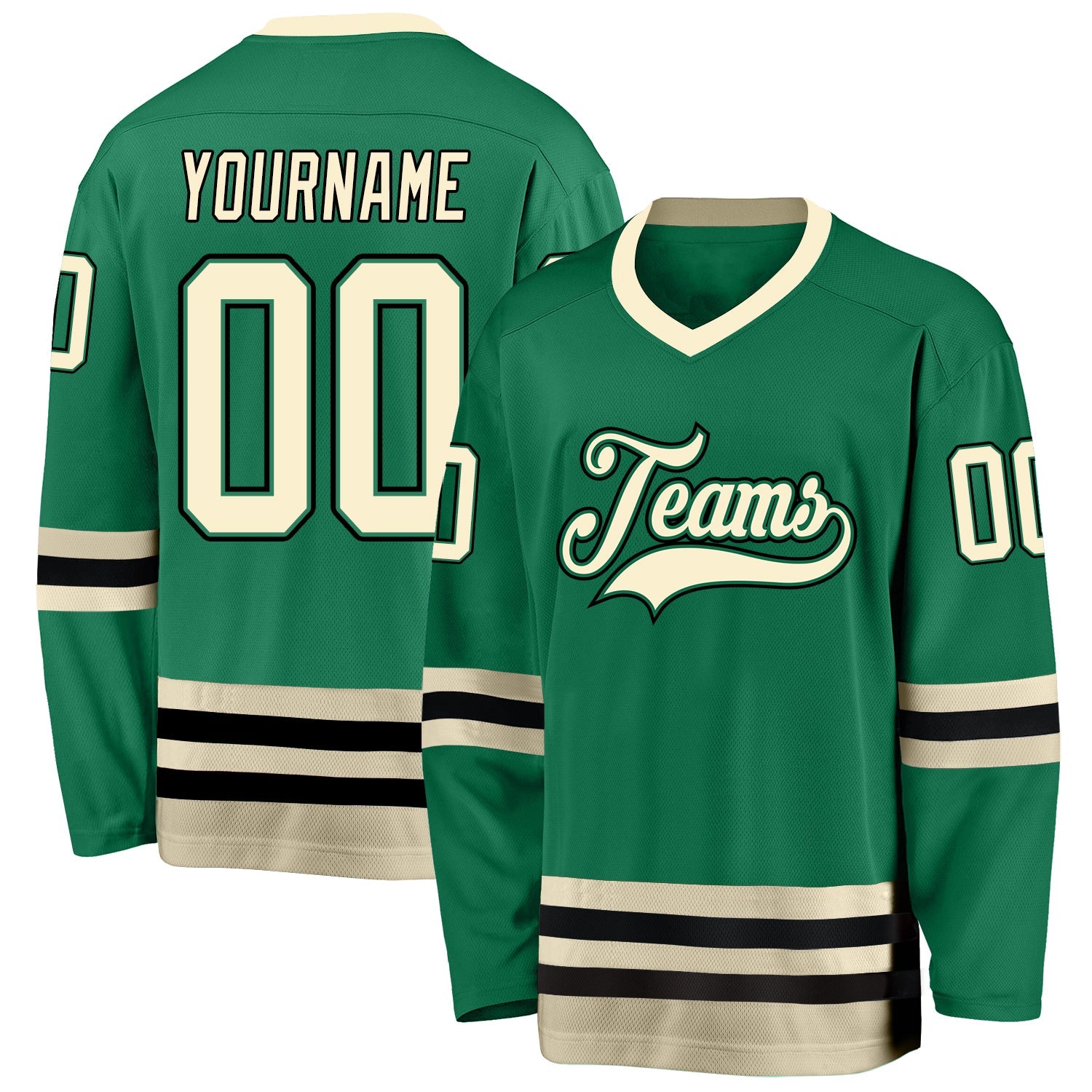 Custom Kelly Green Cream-Black Hockey Jersey - Main View