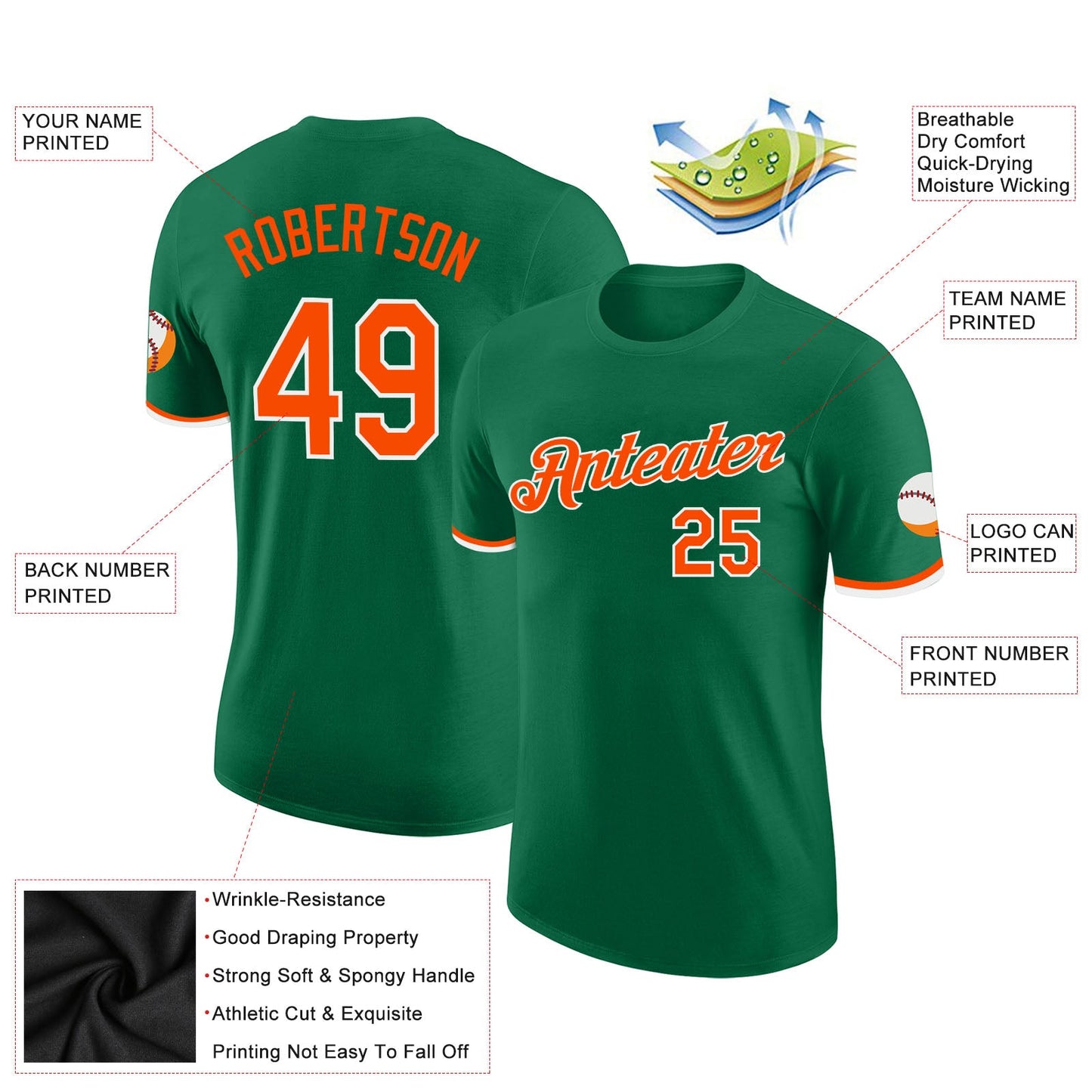 Custom Kelly Green Orange-White Performance T-Shirt view 2