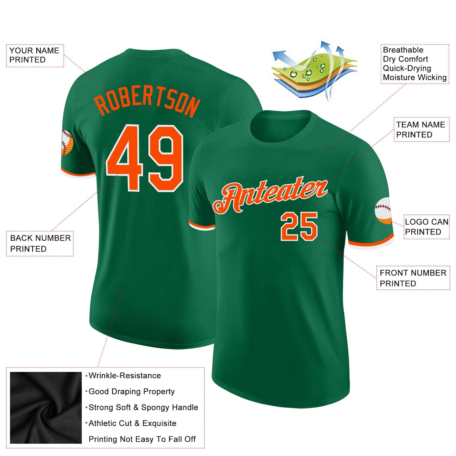 Custom Kelly Green Orange-White Performance T-Shirt view 2