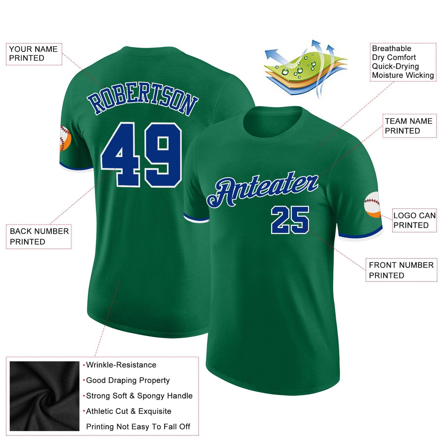 Custom Kelly Green Royal-White Performance T-Shirt view 2