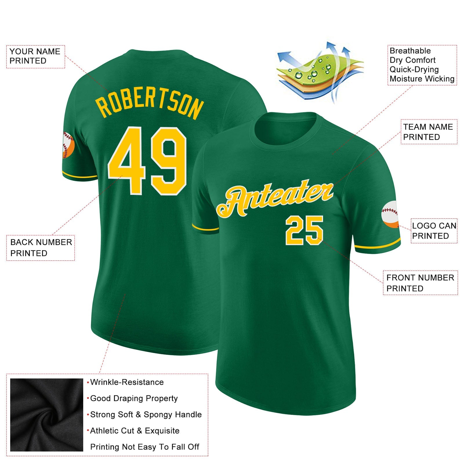 Custom Kelly Green Gold-White Performance T-Shirt view 2
