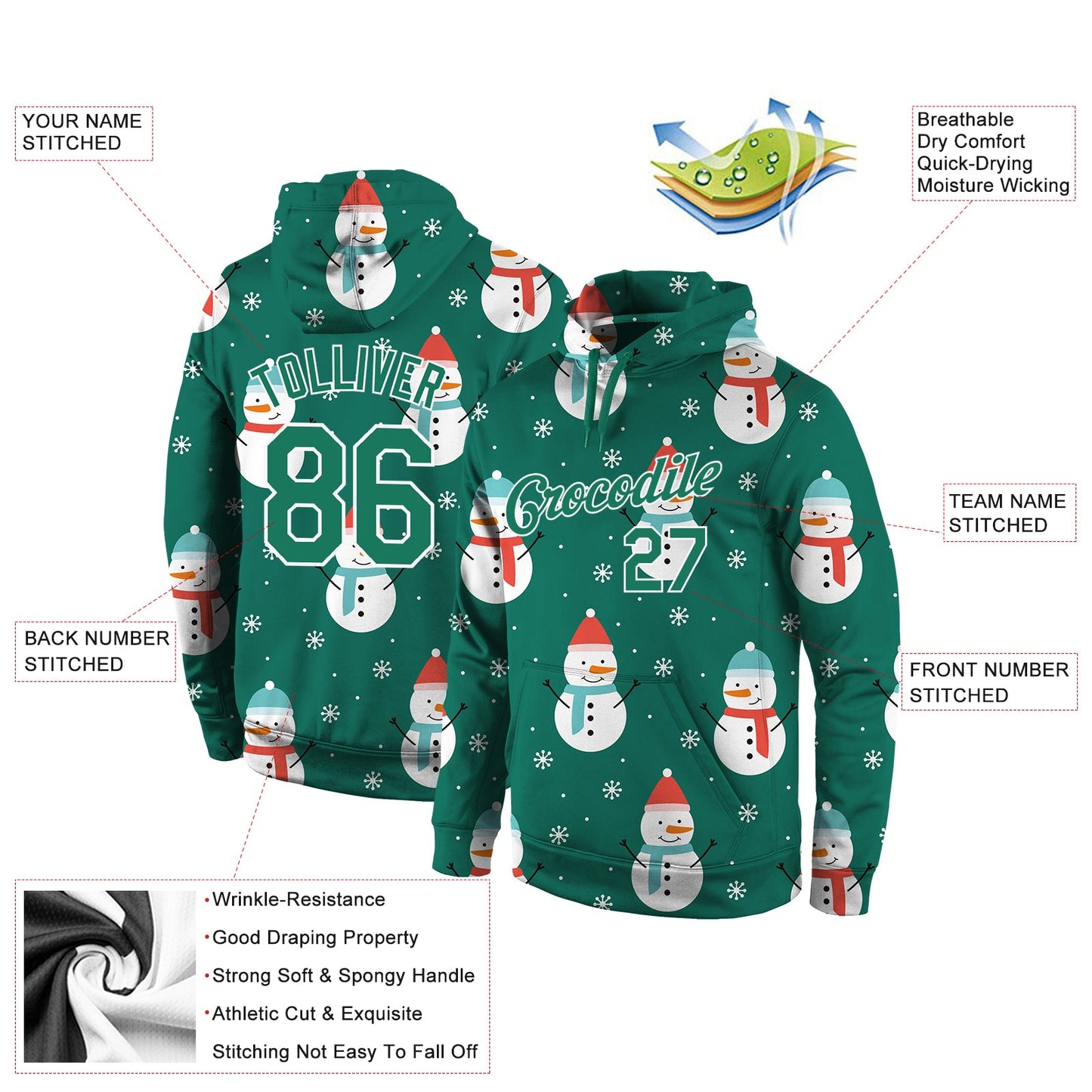 Custom Stitched Kelly Green Kelly Green-White Christmas 3D Sports Pullover Sweatshirt Hoodie view 4