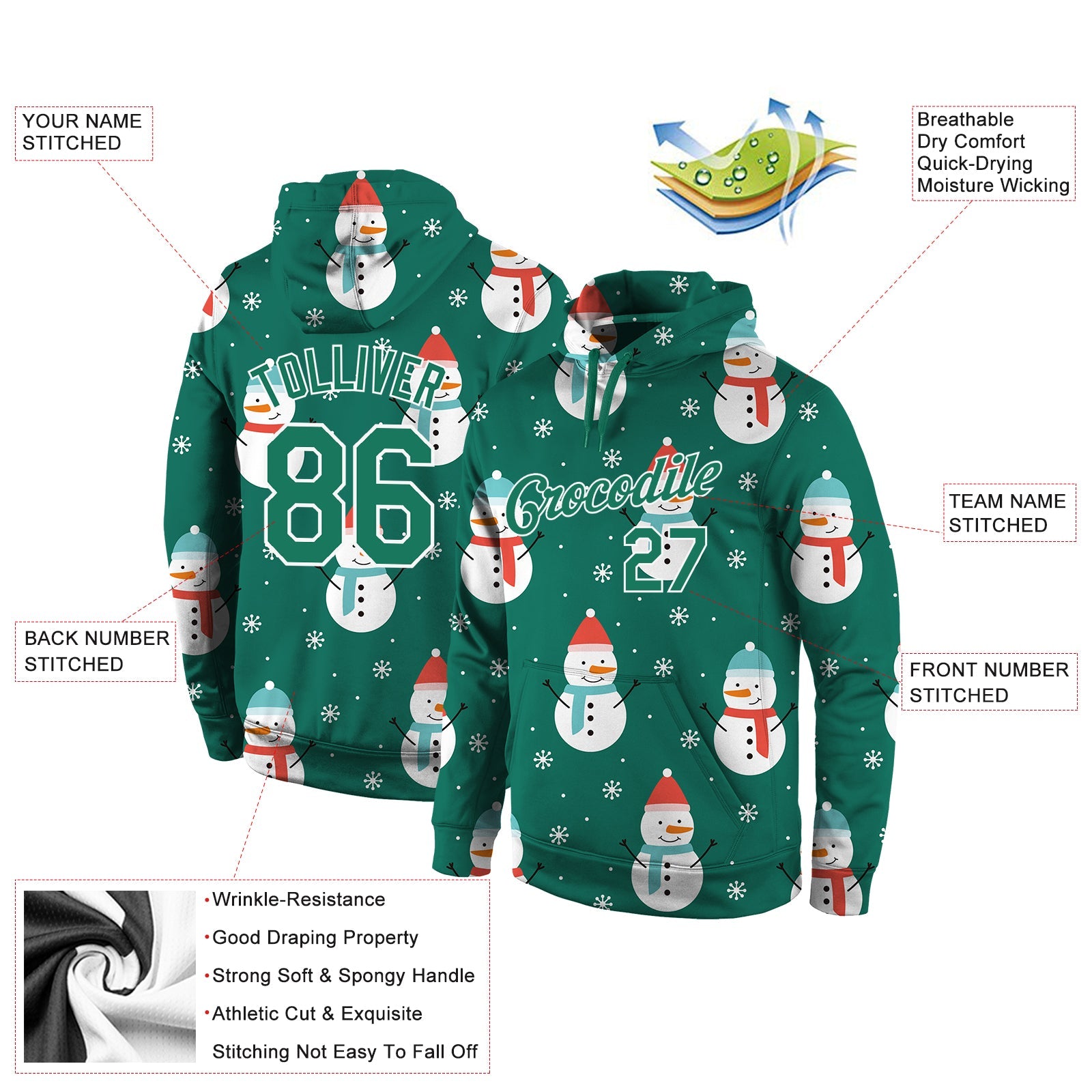 Custom Stitched Kelly Green Kelly Green-White Christmas 3D Sports Pullover Sweatshirt Hoodie view 4