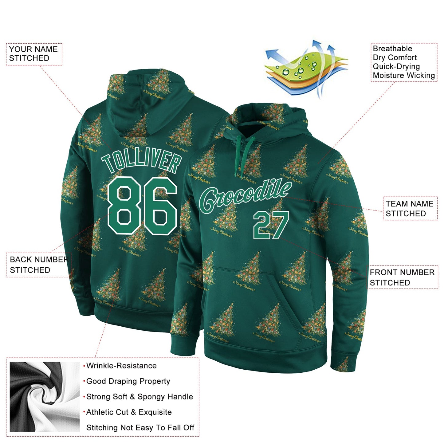 Custom Stitched Kelly Green Kelly Green-White Christmas 3D Sports Pullover Sweatshirt Hoodie view 4