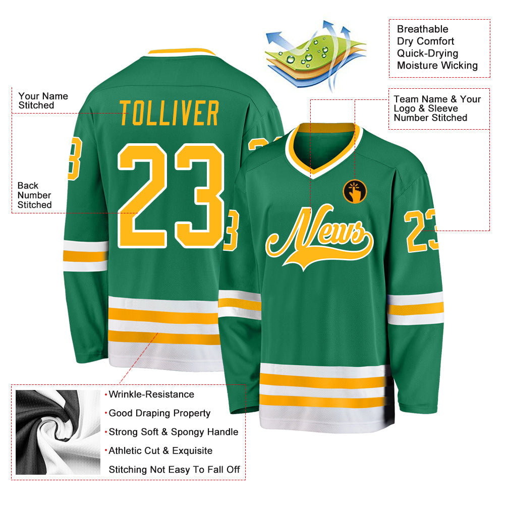 Custom Kelly Green Gold-White Hockey Jersey view 2
