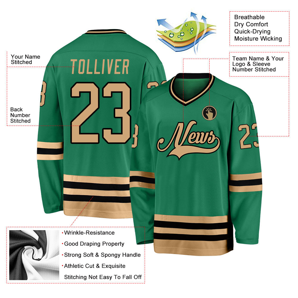 Custom Kelly Green Old Gold-Black Hockey Jersey view 2