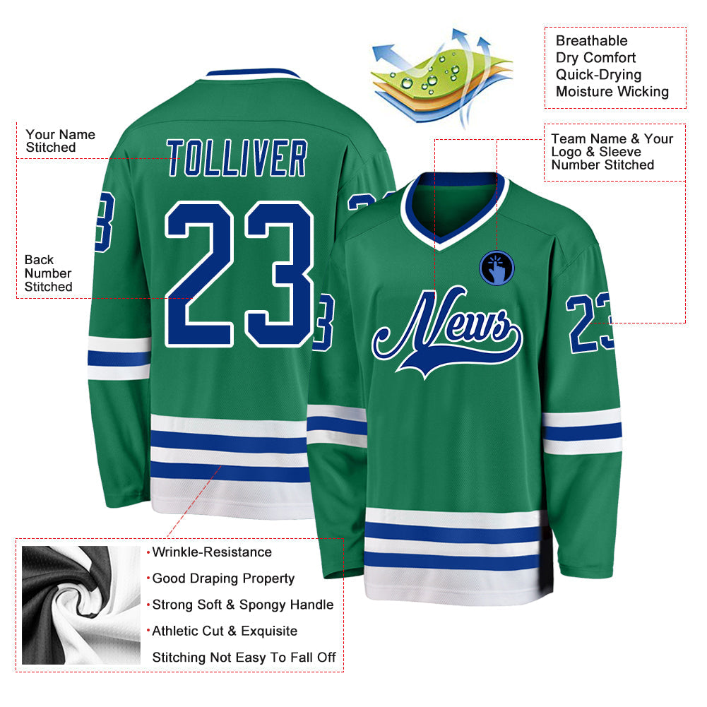 Custom Kelly Green Royal-White Hockey Jersey view 2