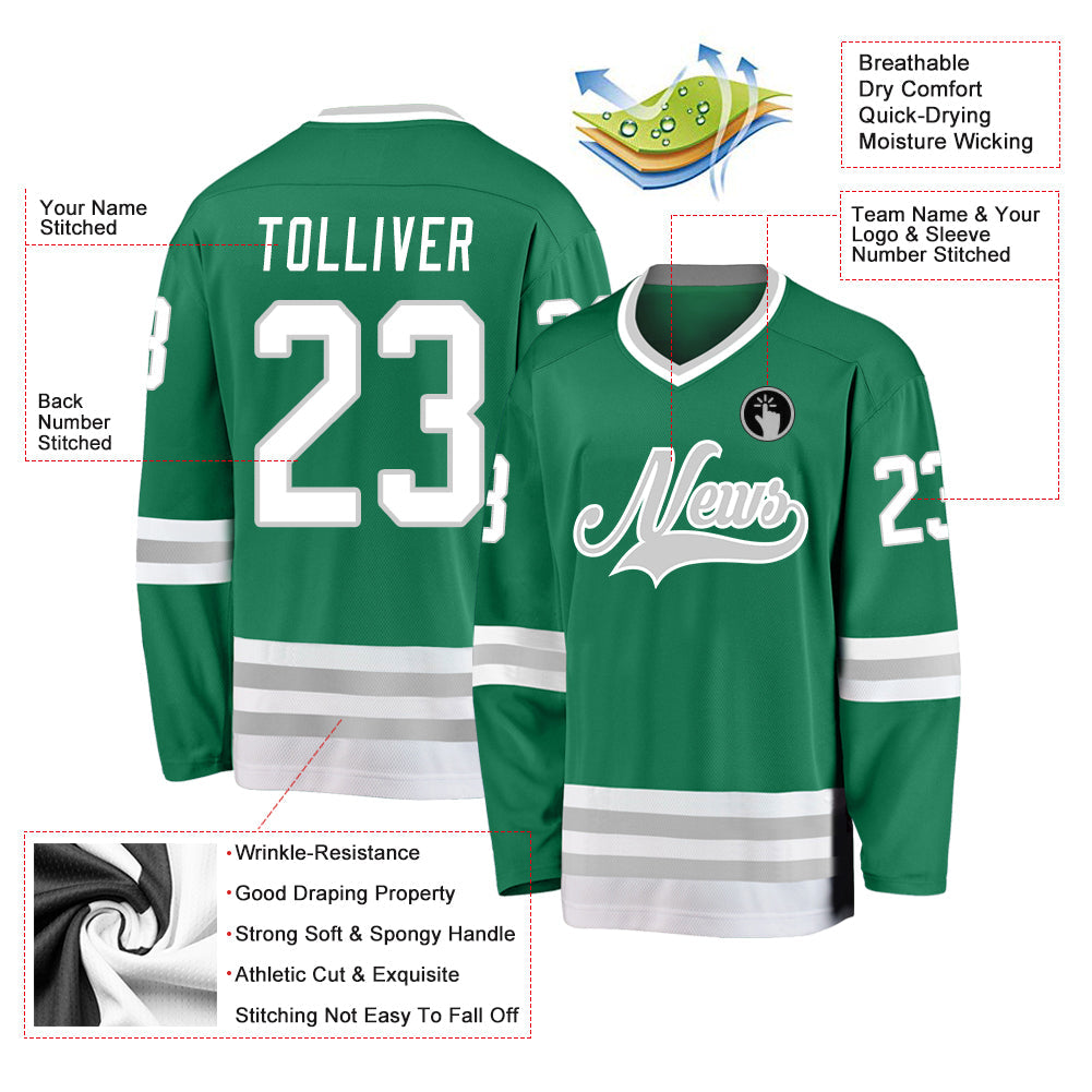 Custom Kelly Green White-Gray Hockey Jersey view 2