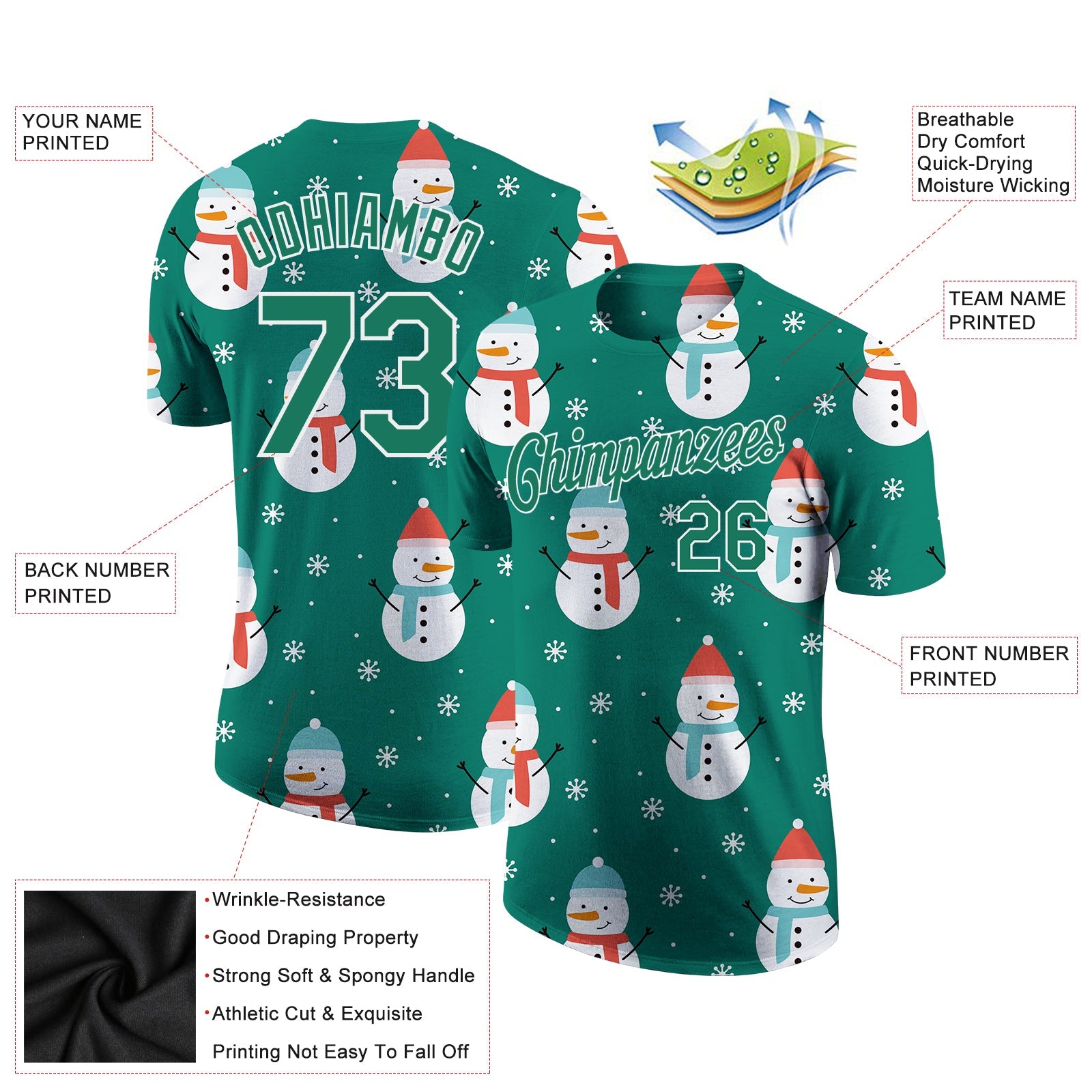 Custom Kelly Green Kelly Green-White Christmas 3D Performance T-Shirt view 2