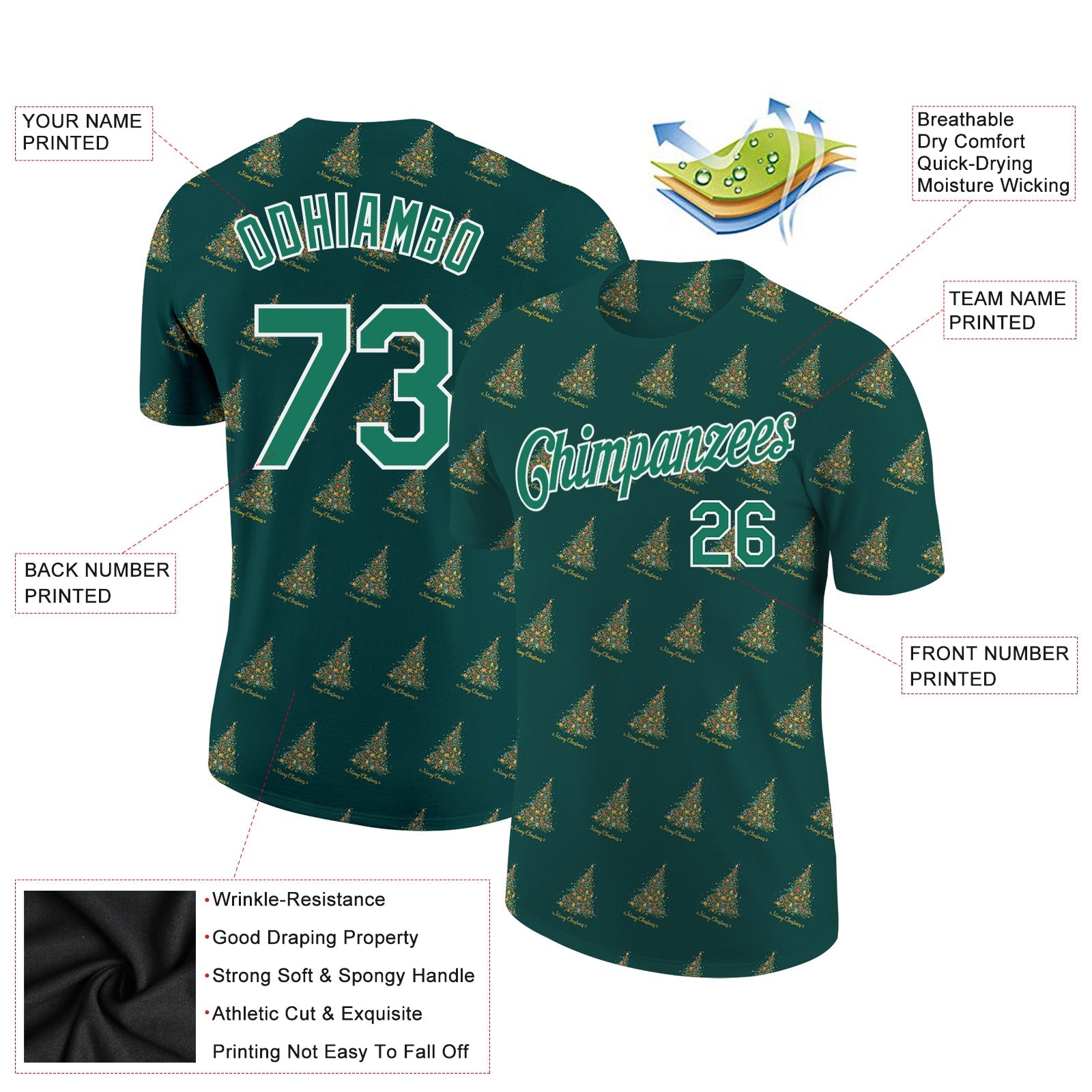 Custom Kelly Green Kelly Green-White Christmas 3D Performance T-Shirt view 2