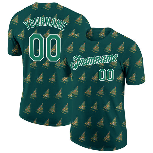 Custom Kelly Green Kelly Green-White Christmas 3D Performance T-Shirt - Main View