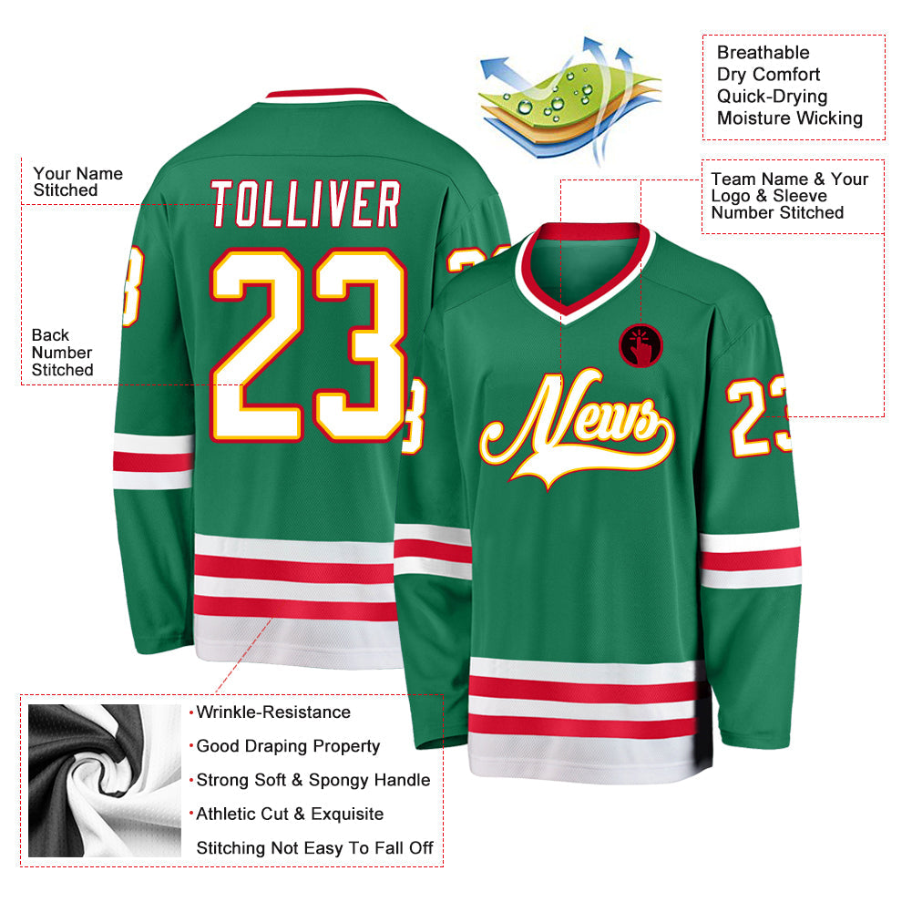 Custom Kelly Green White-Red Hockey Jersey view 2