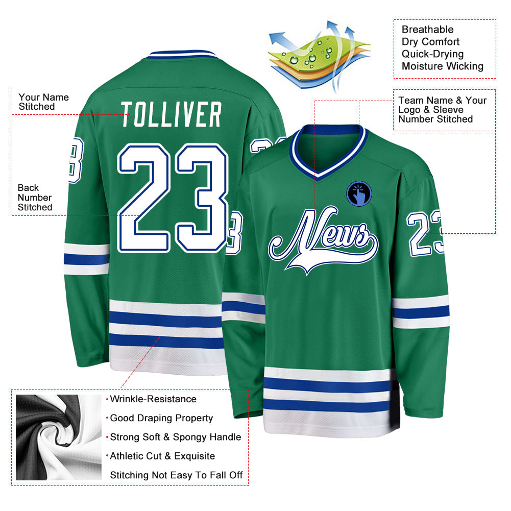 Custom Kelly Green White-Royal Hockey Jersey view 6