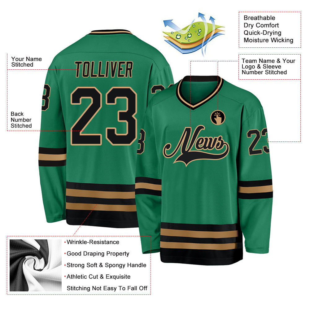 Custom Kelly Green Black-Old Gold Hockey Jersey view 2