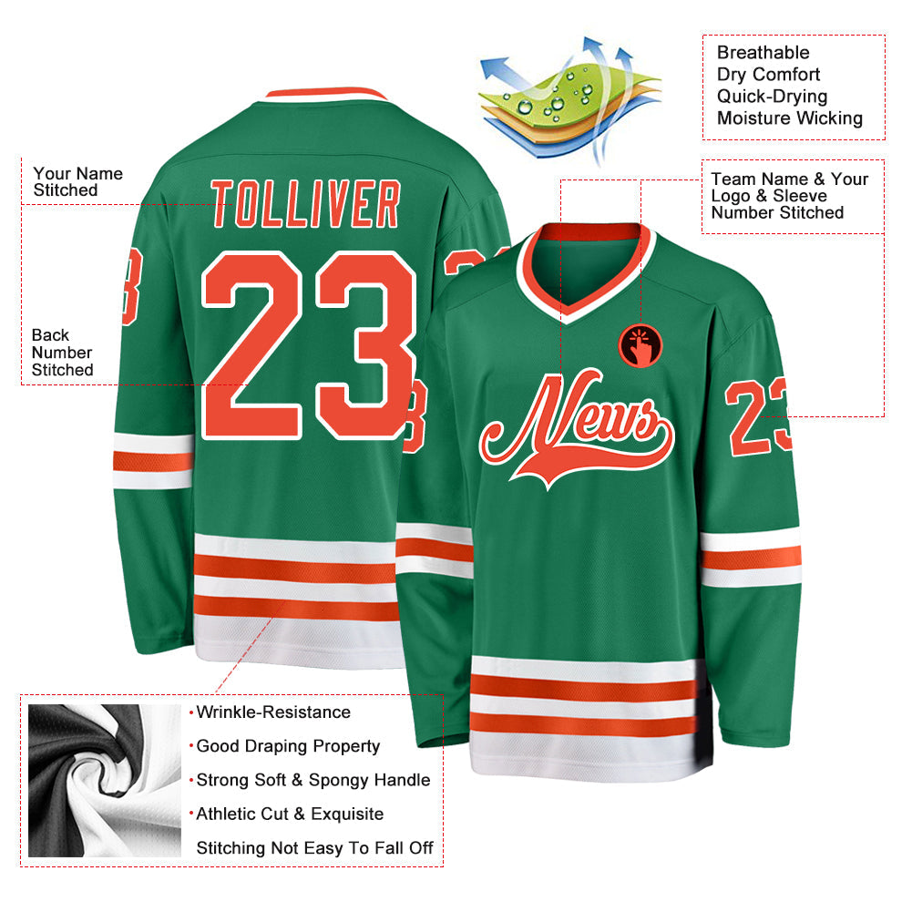 Custom Kelly Green Orange-White Hockey Jersey view 2
