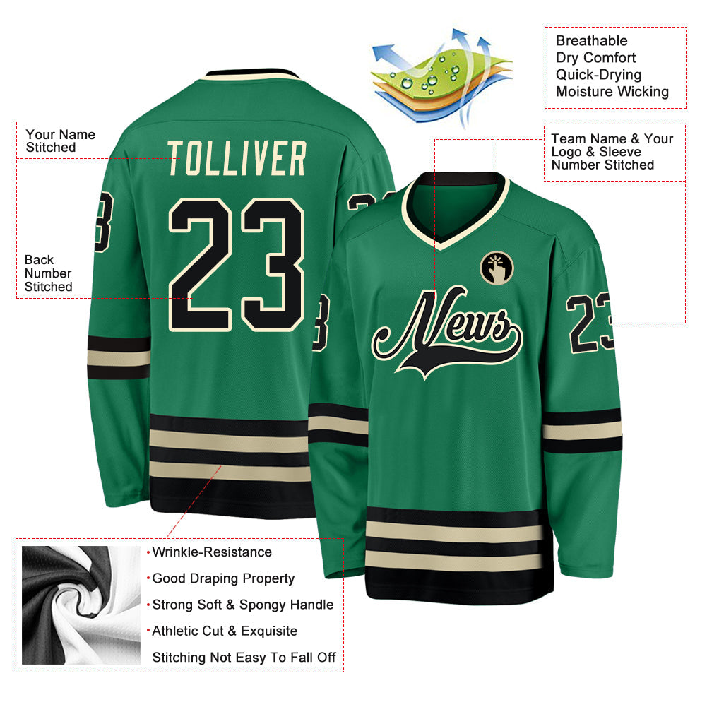 Custom Kelly Green Black-Cream Hockey Jersey view 2
