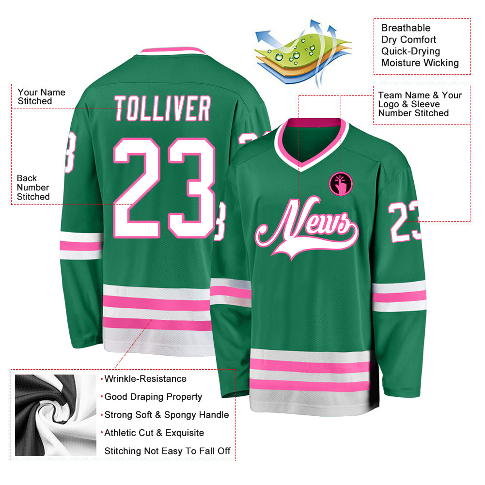 Custom Kelly Green White-Pink Hockey Jersey view 2