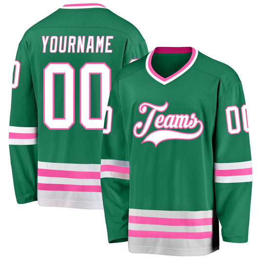 Custom Kelly Green White-Pink Hockey Jersey - Main View
