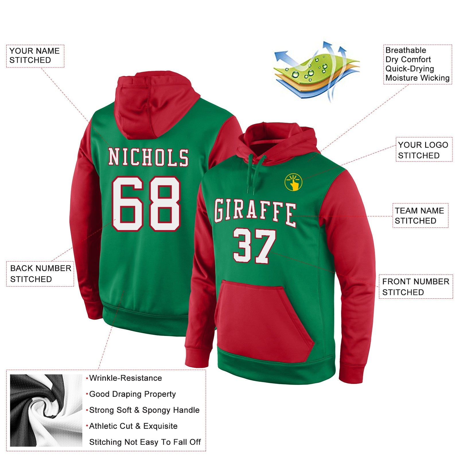 Custom Stitched Kelly Green White-Red Sports Pullover Sweatshirt Hoodie view 2