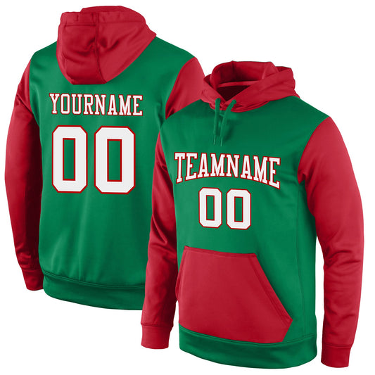 Custom Stitched Kelly Green White-Red Sports Pullover Sweatshirt Hoodie - Main View
