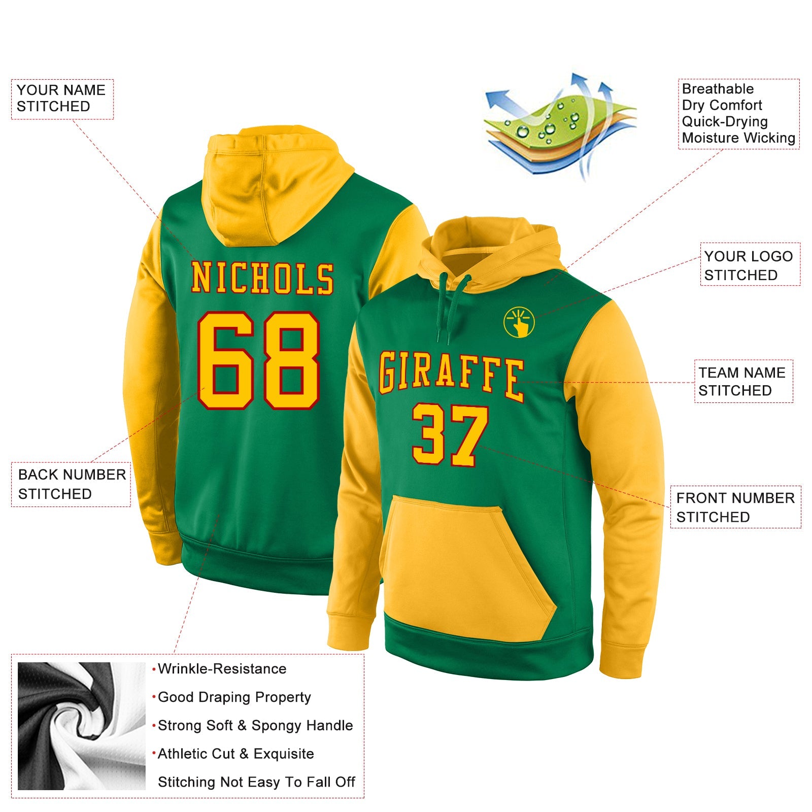 Custom Stitched Kelly Green Gold-Red Sports Pullover Sweatshirt Hoodie view 2