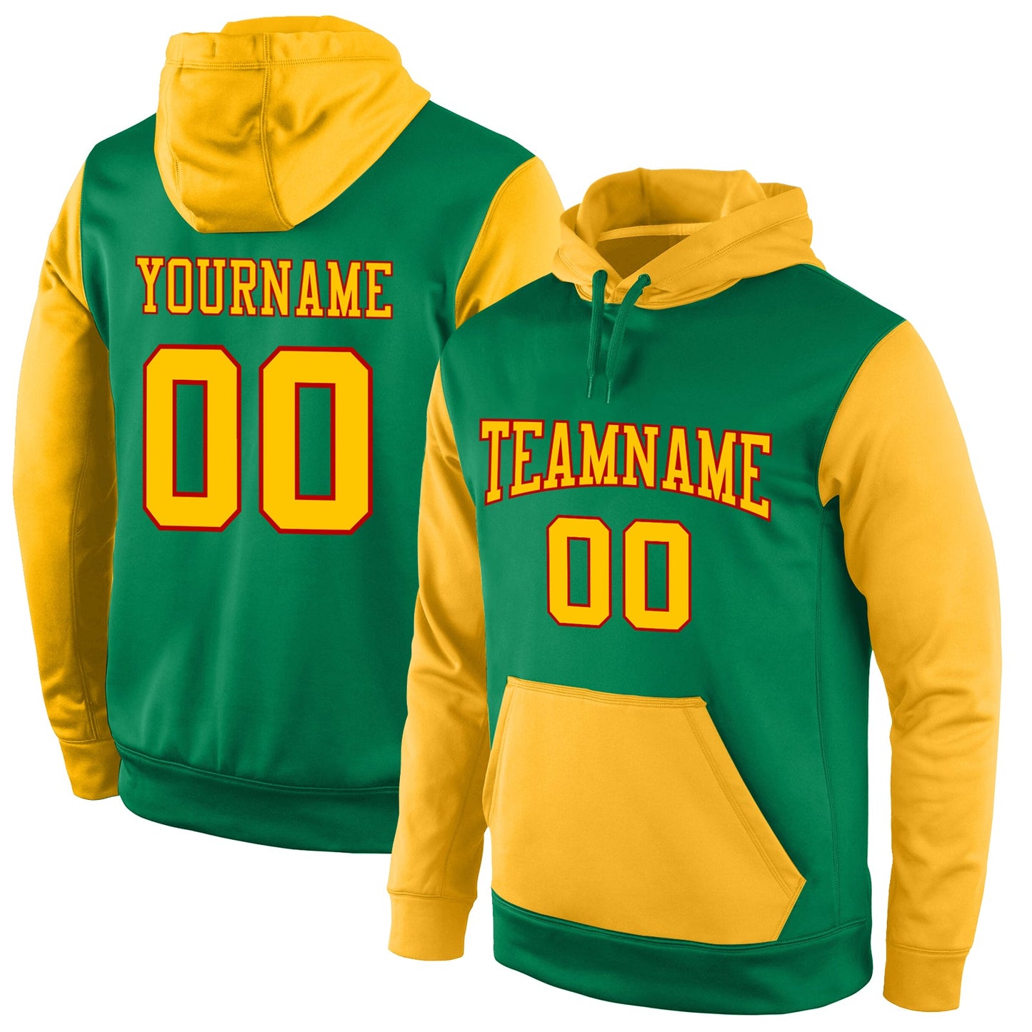 Custom Stitched Kelly Green Gold-Red Sports Pullover Sweatshirt Hoodie - Main View
