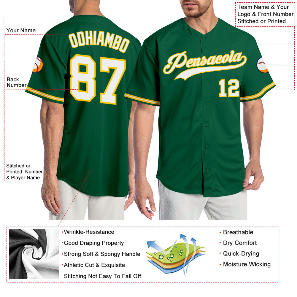 Custom Kelly Green White-Gold Authentic Baseball Jersey view 3