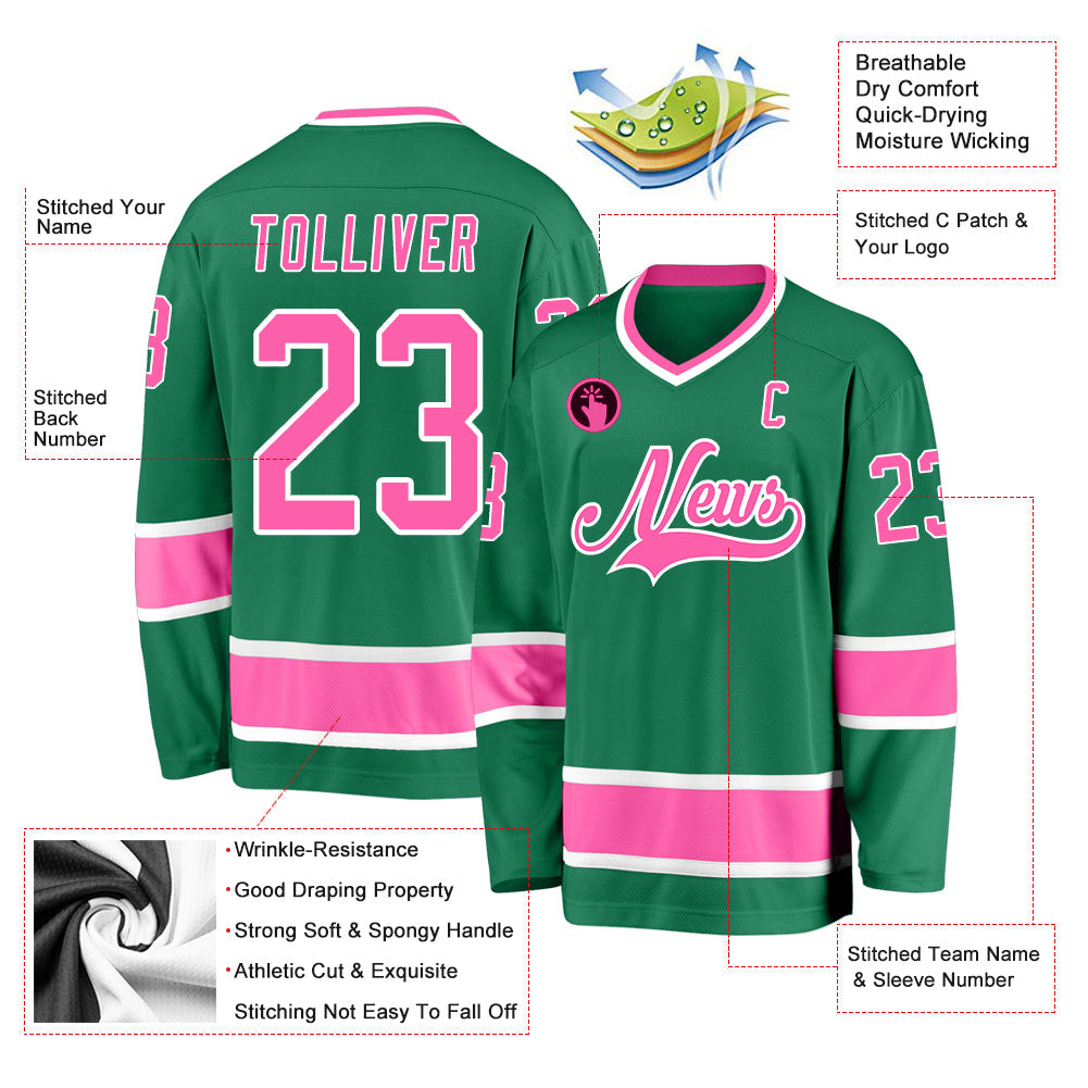 Custom Kelly Green Pink-White Hockey Jersey view 2