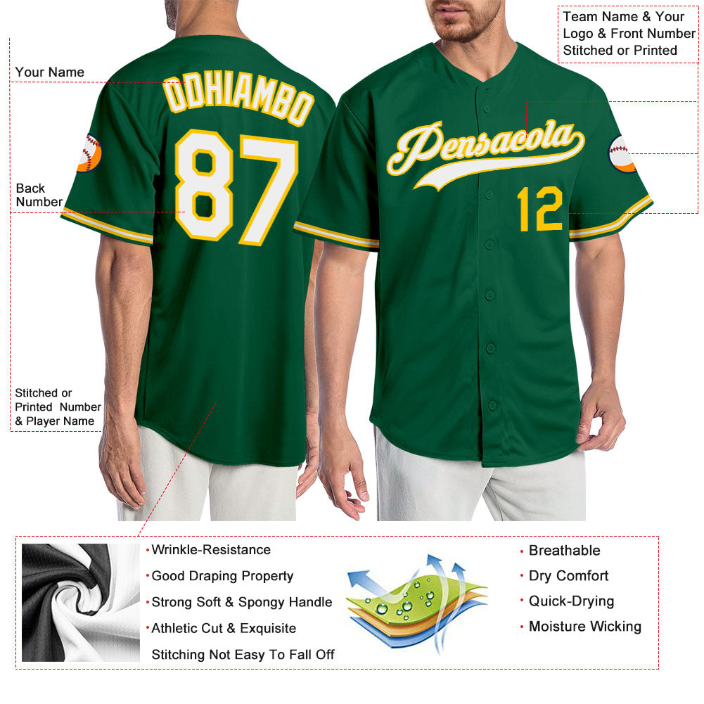 Custom Kelly Green White-Gold Authentic Baseball Jersey view 3