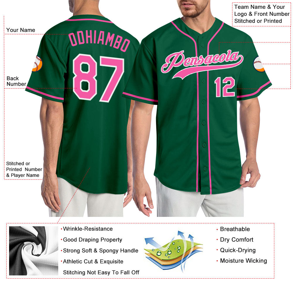Custom Kelly Green Pink-White Authentic Baseball Jersey view 3