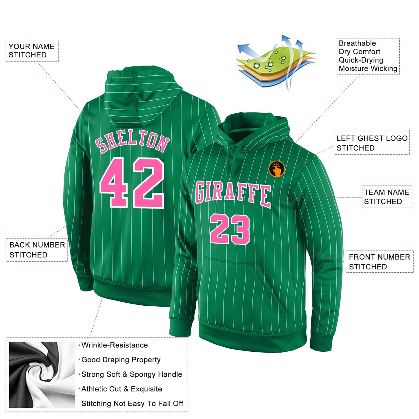 Custom Stitched Kelly Green White Pinstripe Pink-White Sports Pullover Sweatshirt Hoodie view 2