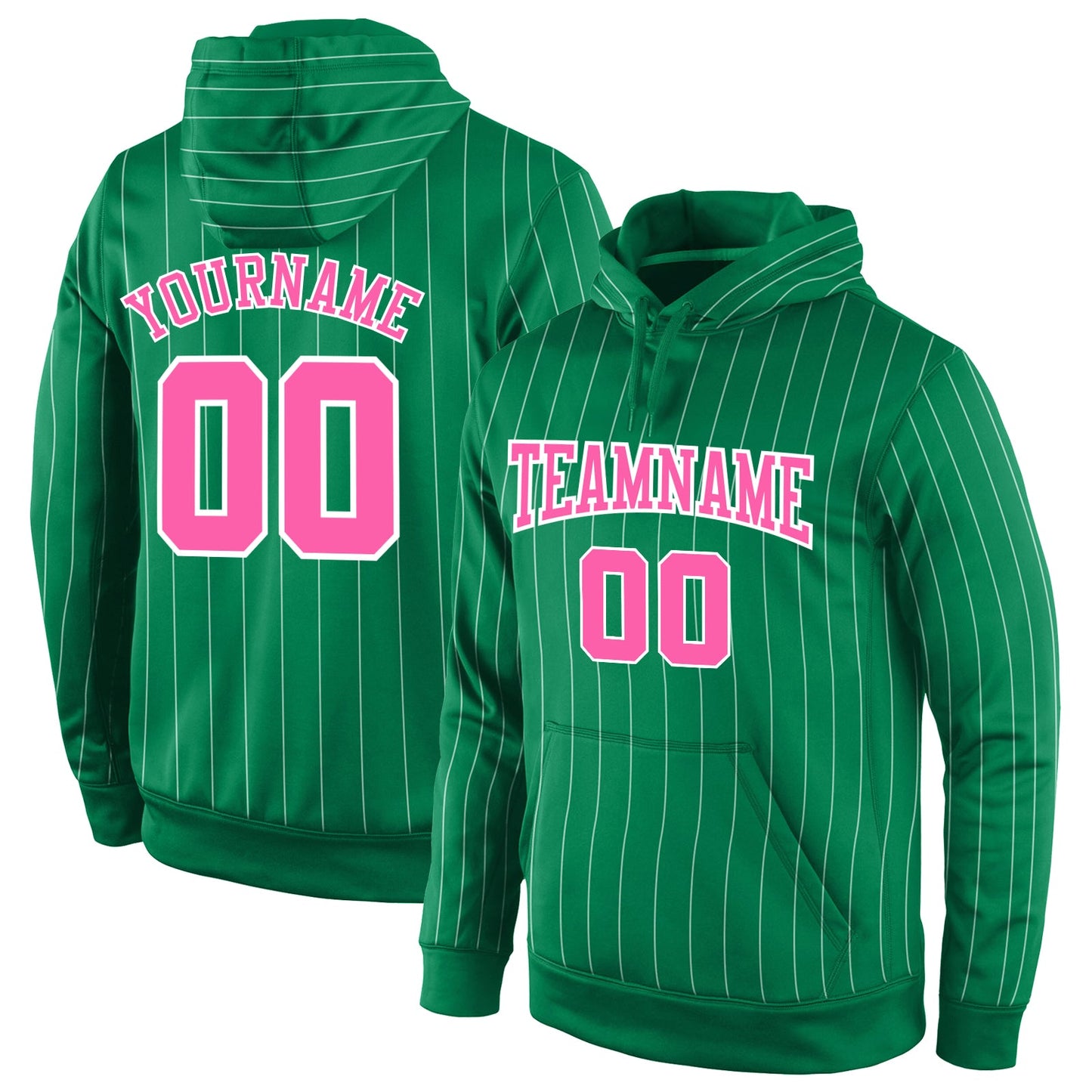 Custom Stitched Kelly Green White Pinstripe Pink-White Sports Pullover Sweatshirt Hoodie - Main View