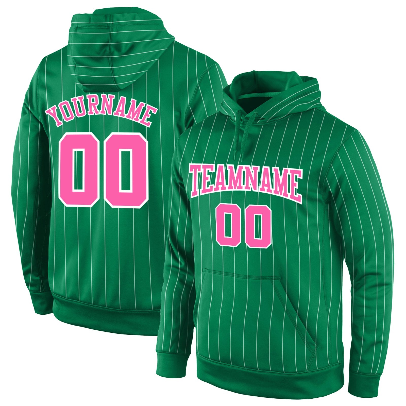Custom Stitched Kelly Green White Pinstripe Pink-White Sports Pullover Sweatshirt Hoodie - Main View