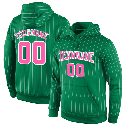 Custom Stitched Kelly Green White Pinstripe Pink-White Sports Pullover Sweatshirt Hoodie - Main View
