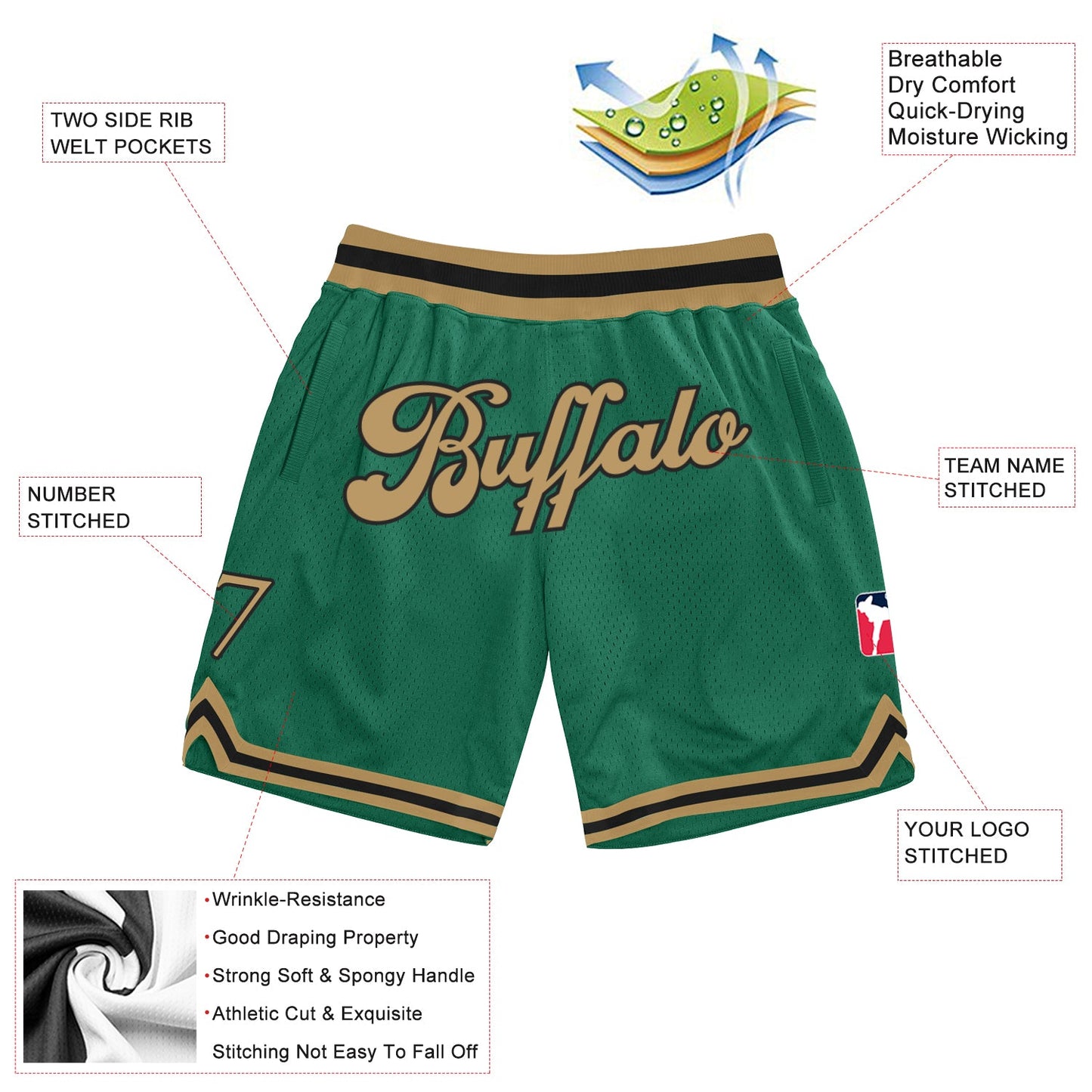 Custom Kelly Green Old Gold-Black Authentic Throwback Basketball Shorts view 2