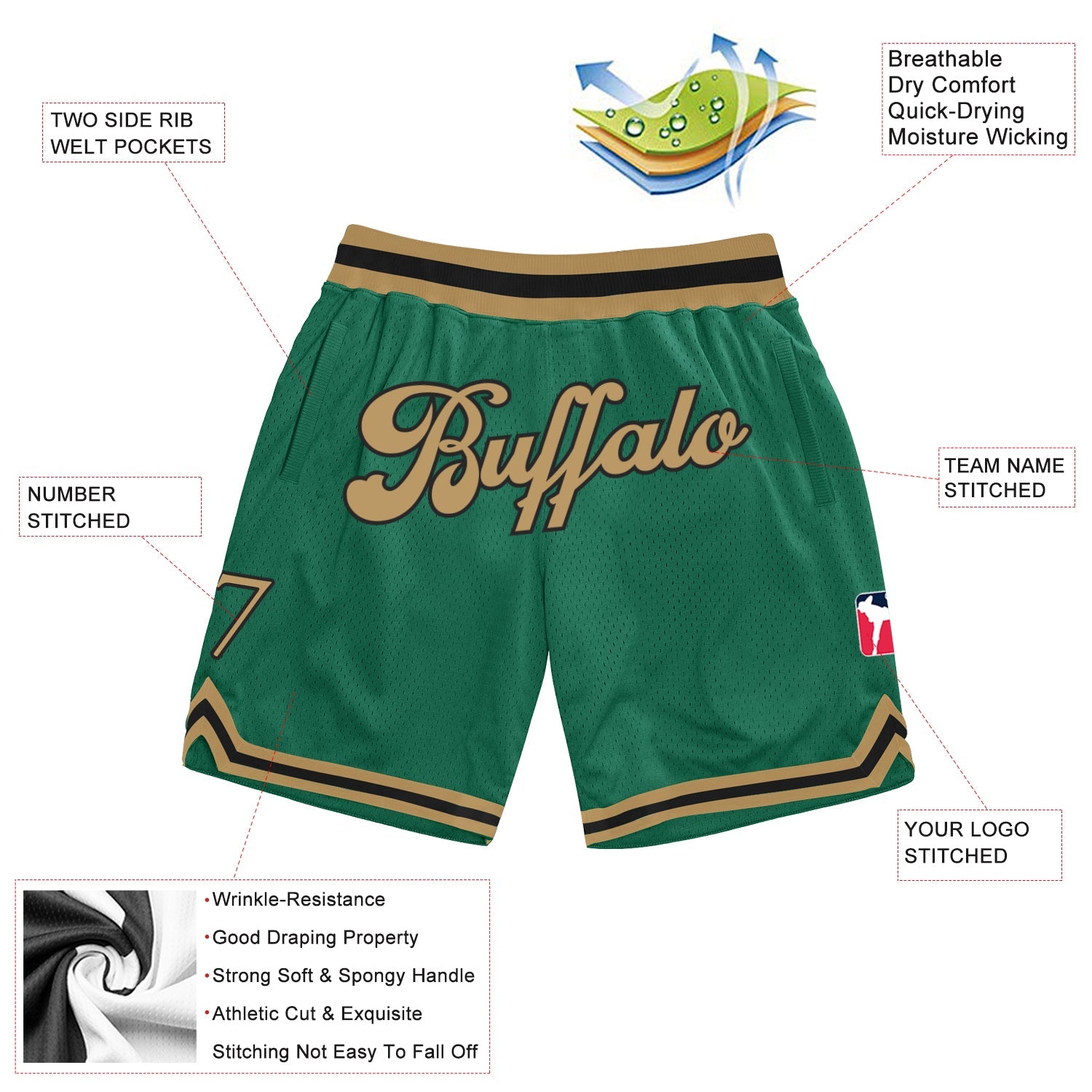 Custom Kelly Green Old Gold-Black Authentic Throwback Basketball Shorts view 2