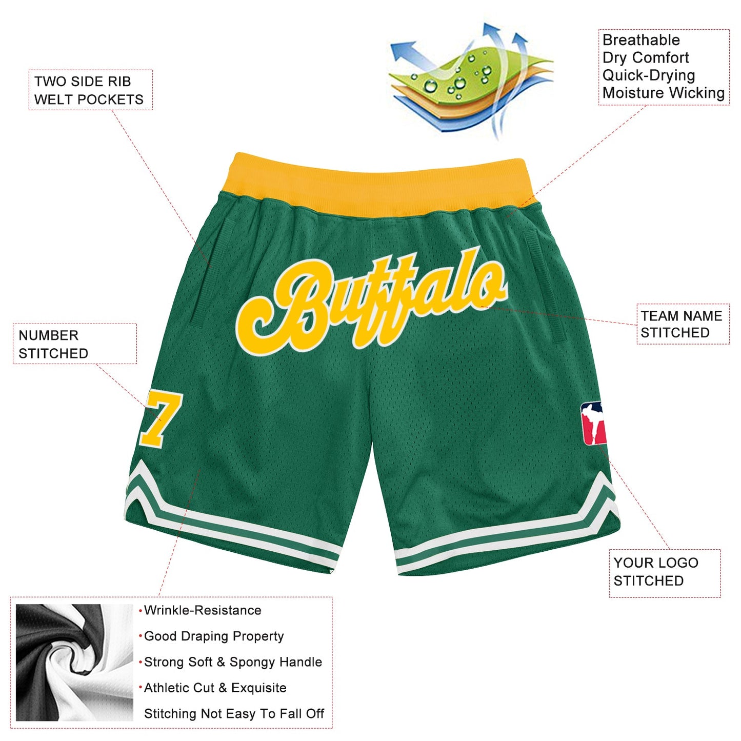 Custom Kelly Green Gold-White Authentic Throwback Basketball Shorts view 2