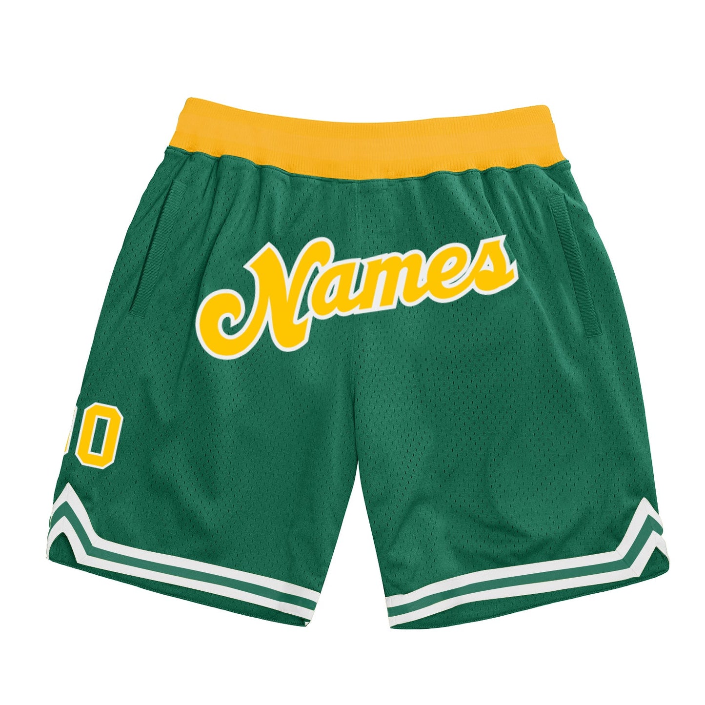 Custom Kelly Green Gold-White Authentic Throwback Basketball Shorts - Main View