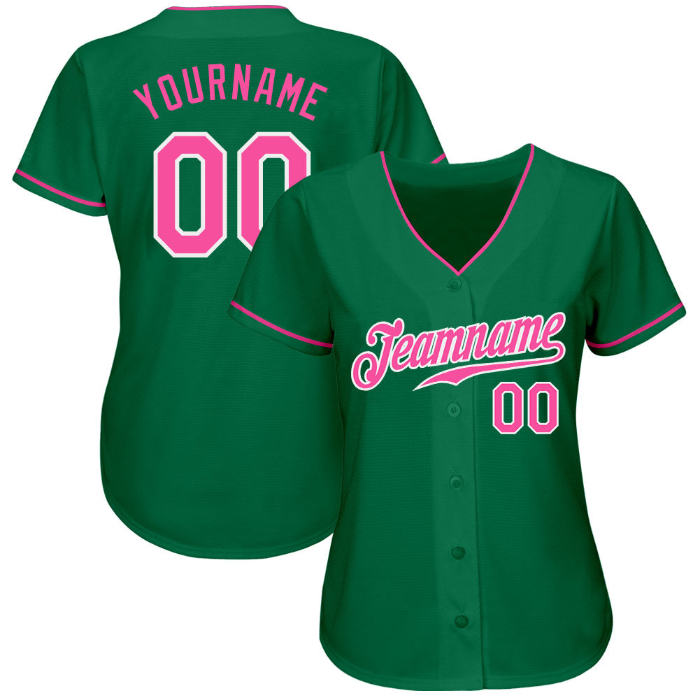 Custom Kelly Green Pink-White Authentic Baseball Jersey view 2