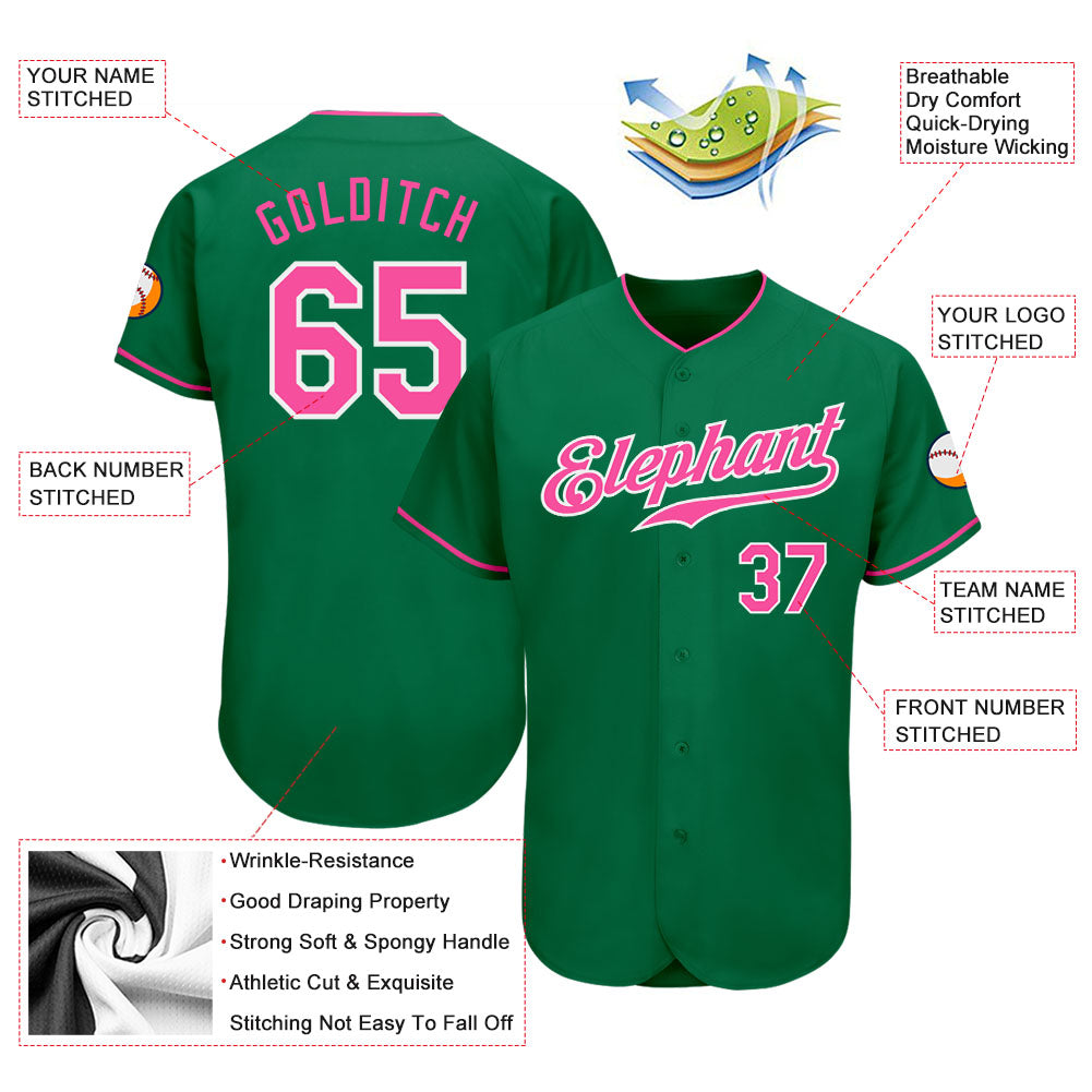 Custom Kelly Green Pink-White Authentic Baseball Jersey view 3