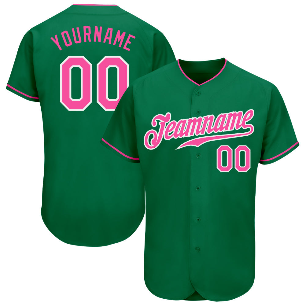 Custom Kelly Green Pink-White Authentic Baseball Jersey - Main View