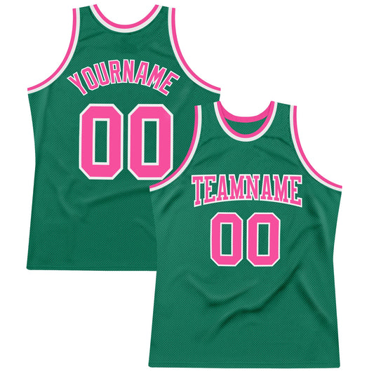 Custom Kelly Green Pink-White Authentic Throwback Basketball Jersey - Main View