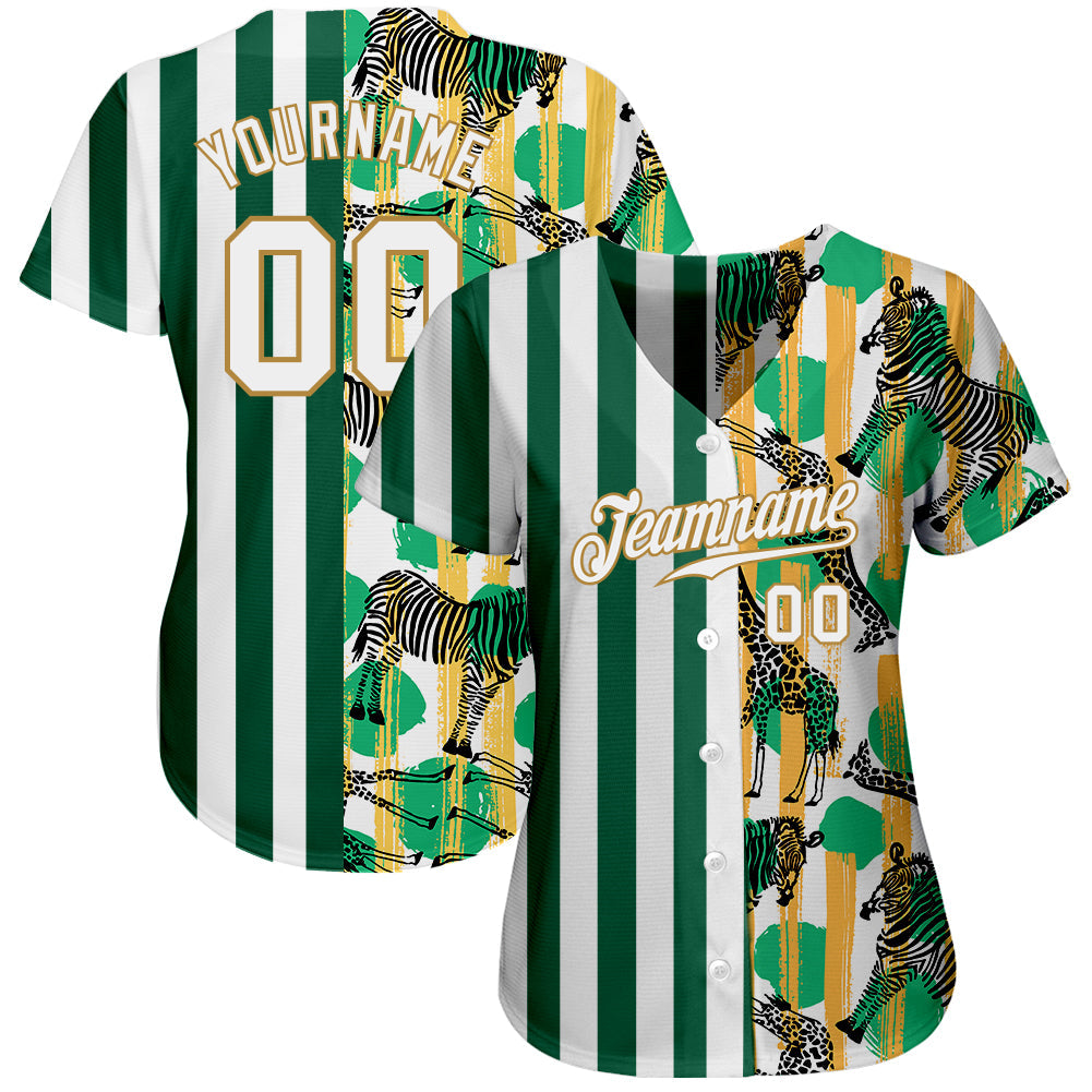 Custom Kelly Green White-Old Gold 3D Pattern Design Zebras And Giraffes Authentic Baseball Jersey view 2