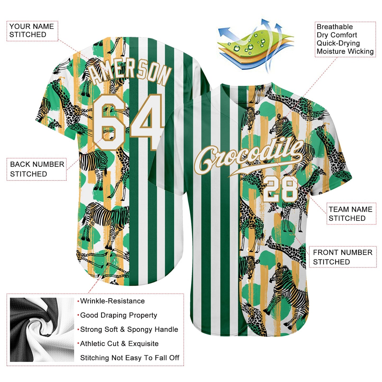 Custom Kelly Green White-Old Gold 3D Pattern Design Zebras And Giraffes Authentic Baseball Jersey view 3