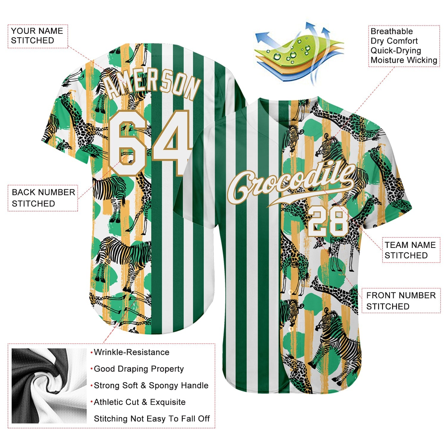 Custom Kelly Green White-Old Gold 3D Pattern Design Zebras And Giraffes Authentic Baseball Jersey view 3