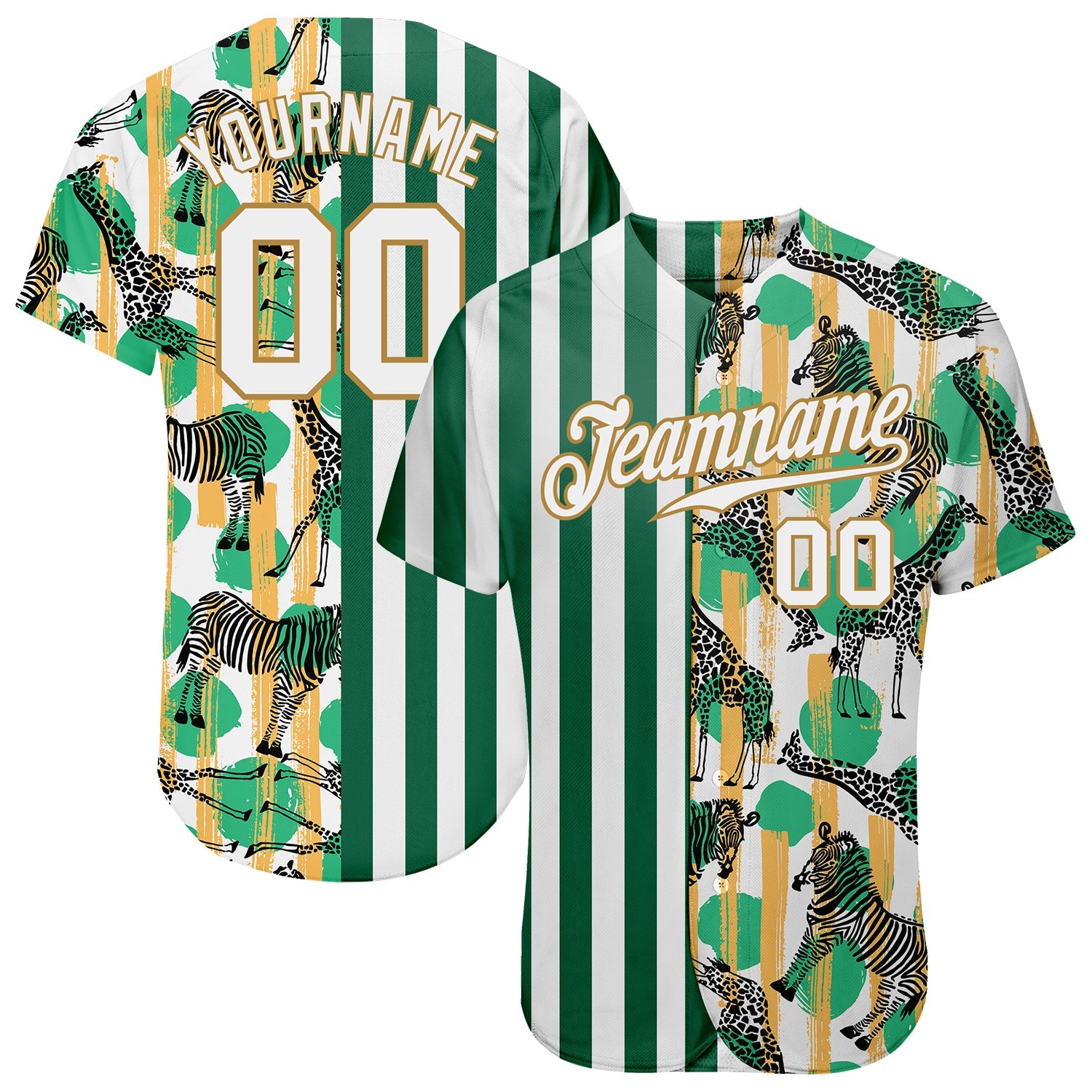 Custom Kelly Green White-Old Gold 3D Pattern Design Zebras And Giraffes Authentic Baseball Jersey - Main View