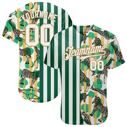 Custom Kelly Green White-Old Gold 3D Pattern Design Zebras And Giraffes Authentic Baseball Jersey - Main View