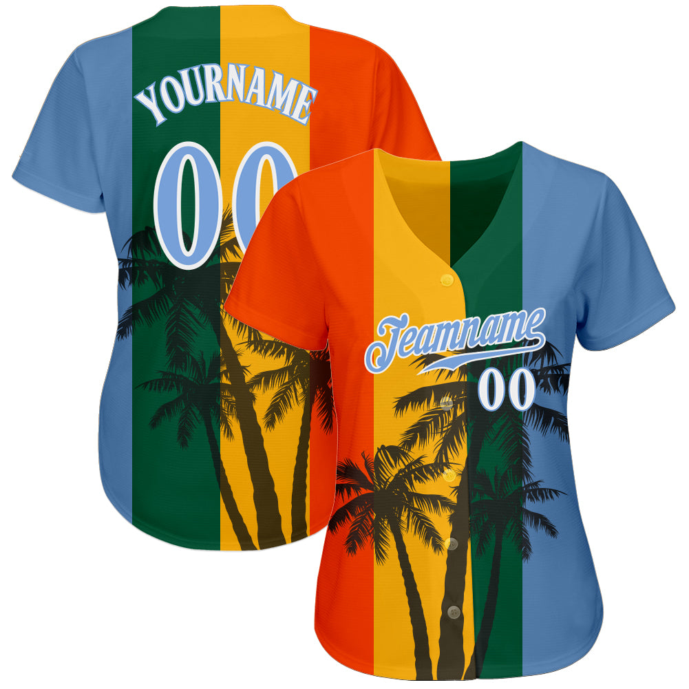 Custom Kelly Green Light Blue-White 3D Pattern Design Hawaii Coconut Trees Authentic Baseball Jersey view 2