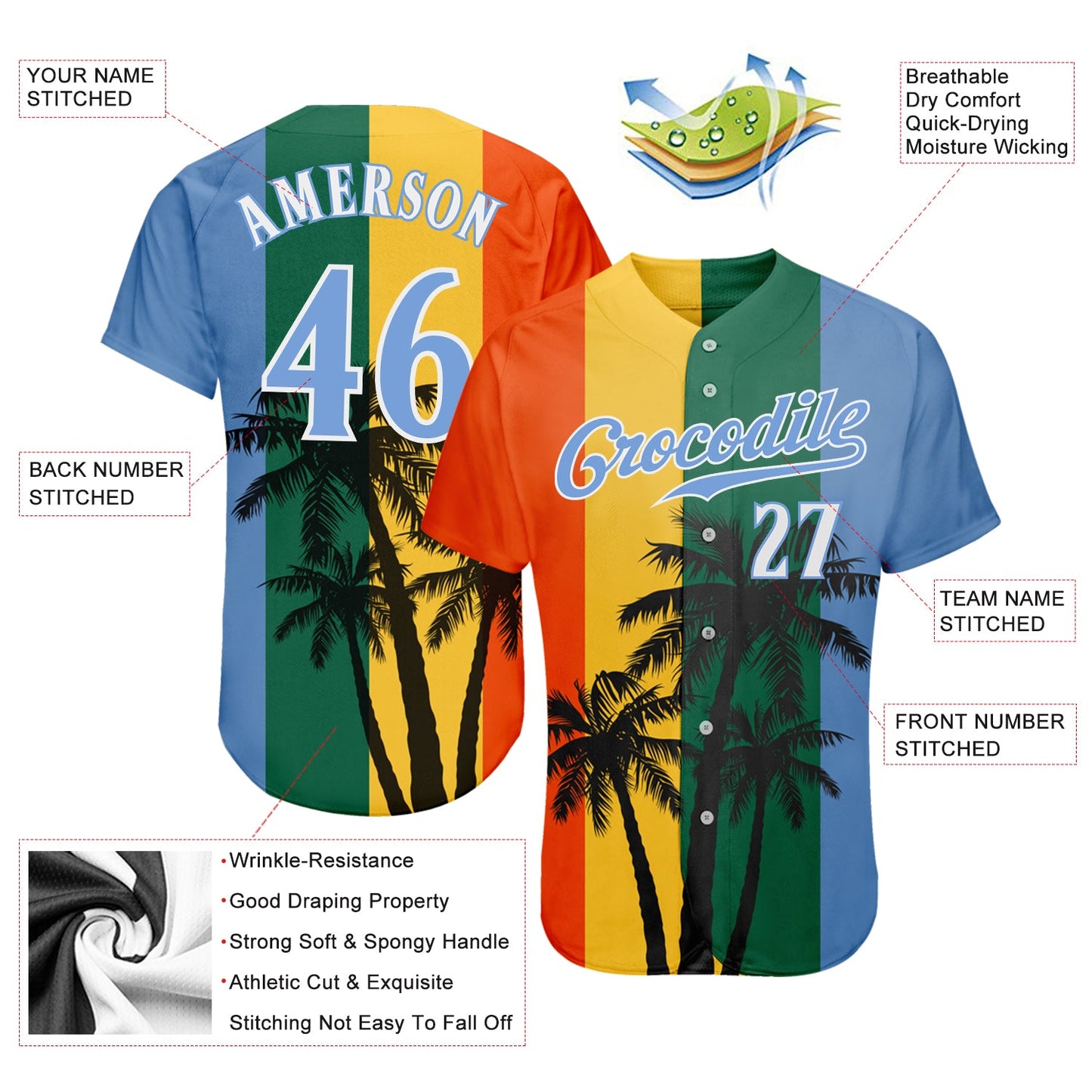Custom Kelly Green Light Blue-White 3D Pattern Design Hawaii Coconut Trees Authentic Baseball Jersey view 3